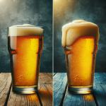 DALL·E 2023-12-23 11.20.43 - A photo that illustrates the impact of post-processing in beer photography. The image is split into two halves_ the left side is the original photo of.png